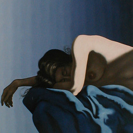 James Gwynne: 'Asleep on Blue Drape', 2005 Oil Painting, nudes. Artist Description: Nude asleep on blue drapery with arm and hand extended ...