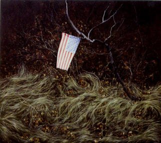 James Gwynne: 'Landscape with Flag', 1996 Oil Painting, Landscape. Apatriotic gesture by someone. . .  tying afaded little flag to a branch in the woods...