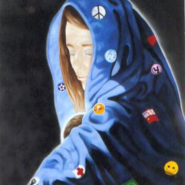 James Gwynne: 'Madonna of the Patches', 1985 Oil Painting, Christian. Artist Description: In the Christian tradition of paintings ofthe Madonna and Child, this version focuses on the popularity of patches worn by young people in the 70s...