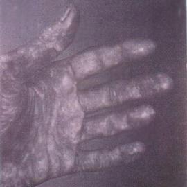 James Gwynne: 'Open Hand', 1990 Oil Painting, Figurative. Artist Description: Dramatic grey hand ...