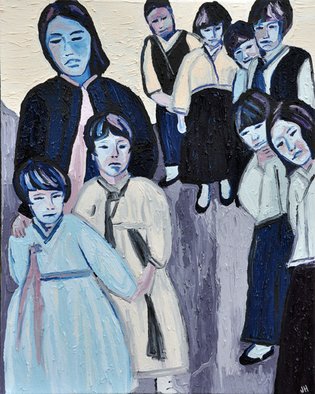 Jaime Hesper: 'South Korea, Through Jims Eyes', 2012 Oil Painting, Expressionism.  Korean school children,  portrait, snapshot, expressionist, bold, colorful, Asian, inspired by vintage photo, color, thick paint, heavy brushstrokes, history, photo taken by my grandfather during Korean War, blue, lavender prominent color, framed in wood that is stained black.       ...