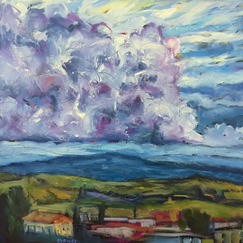 John Maurer: 'evening sky volterra italy', 2018 Oil Painting, Landscape. Artist Description: Original oil painting from my trip to Italy.  Painted with palette knives and brushes.  Framed in a brushed silver floater frame. ...