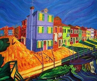 Jeanie Merila: 'Burano Afternoon', 2002 Acrylic Painting, Landscape. Burano Afternoon is an acrylic landscape painting showing  two- point perspective buildings on a street overlooking the canal on Burano island in Venice, Italy.  The forground shows a boat in a canal with wavy reflections.  On the right is a surreal- like shadow in shades of green.  The plaza in ...