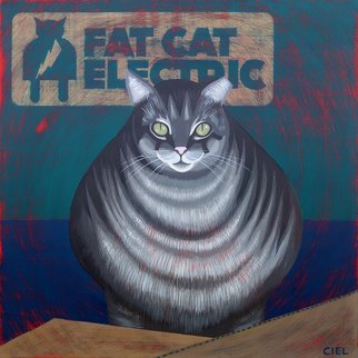 John Cielukowski: 'fat cat electric', 2019 Acrylic Painting, Animals. Original acrylic painting on a birch wood dimensional panel.18x 18x 1. 5Finished edges.  Ready to hang. ...