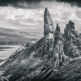 Jonathan Talks: 'the old man of storr', 2014 Black and White Photograph, Landscape. Artist Description: The Old Man of Storr, Isle of Skye46  x 32  Lightjet print of Ilford B   W paperORIGINAL PRINT - Limited Edition of 20 Crafted Prints  LightJet print on Kodak Metallic: Original photo print with metallic gloss The Storr  Scottish Gaelic: An StA2r  is a rocky hill ...
