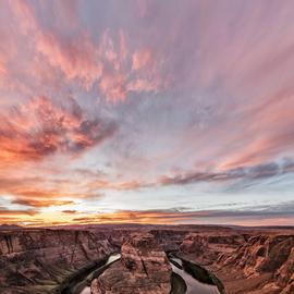 Jon Glaser: '180 degrees of sunset', 2016 Color Photograph, Landscape. Artist Description: Horseshoe Bend is portion of the Colorado river just outside of the town of Page in Arizona. The color of the rocks, cliffs and sand will change thoughout the day depending upon where the sun is located in the sky. In the distance are the Paria Plateau and ...