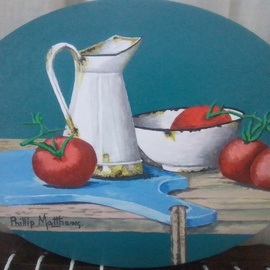 Phillip Matthews: 'tomatoes', 2023 Acrylic Painting, Still Life. Artist Description: Original acrylic painting on canvas of kitchen ware. ...