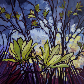 Judy Hodge: 'green magnolias', 2022 Acrylic Painting, Landscape. Artist Description: Bold, painterly, semi- abstact close- up of magnolia tree in the light of spring...