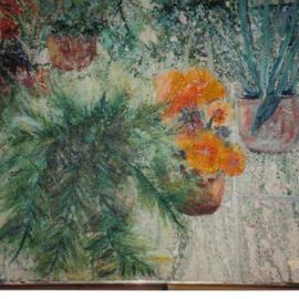 Julie Hall- Rainey: 'Sunwindow', 2003 Acrylic Painting, Floral. Artist Description: This is a very colorful painting did in reds greens & yellows . It is a rough textured painting with lots of paint has an outdoor feeling very happy painting of my sunwindow . ...