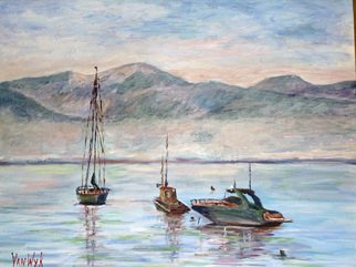 Julie Van Wyk: 'misty morn on lake tahoe ', 2010 Acrylic Painting, Boating.     boats on lake tahoe     ...