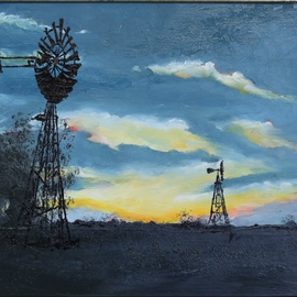 Willem Petrus Kallmeyer: 'sunset in the karoo', 2014 Oil Painting, Scenic. Artist Description:  the vastness of the karoo compels the drilling for water for livestock as power is to expesive to supply. the clean air makes the sunsets so much brighter, something to behold     ...