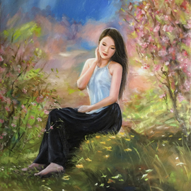 Kim Anh: 'miss viet', 2018 Oil Painting, Figurative. Artist Description: Modern Vn girl in traditional clothes...