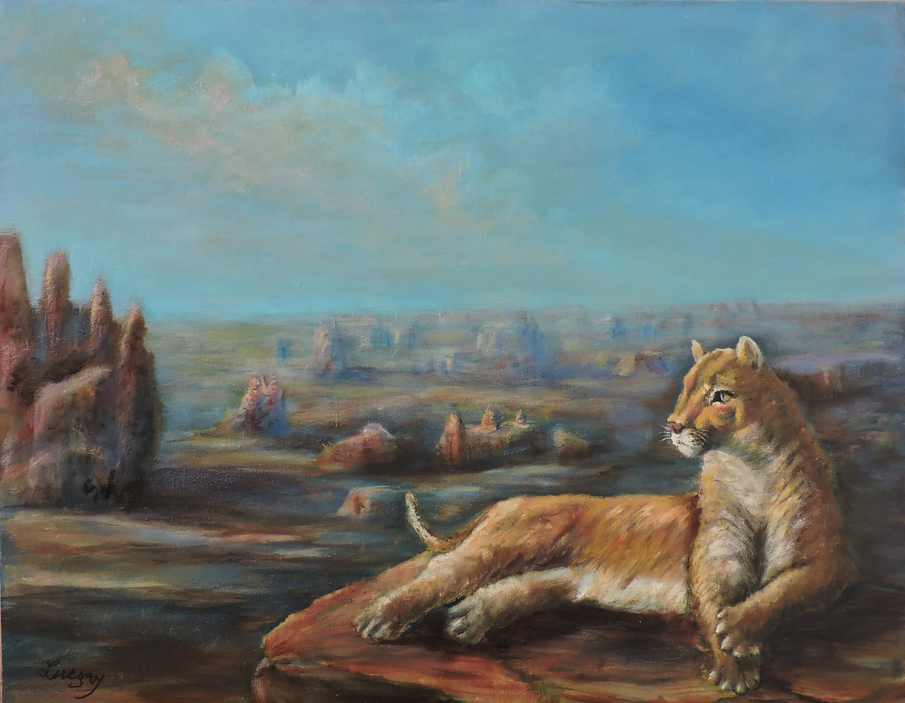 Katalin Luczay: 'Arizona the mountain lion puma', 2022 Oil Painting, Animals. The colors of Arizona rocks, with the mystery of the mountain lion, Grand Canyon, Puma, National Parks, puma at the National Parks...