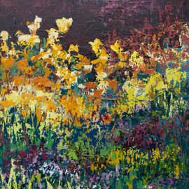 Karin Neuvirth: 'Twilight Garden', 2014 Acrylic Painting, Floral. Artist Description:   Abstract floral acrylic painting done with a palette knife.  Dark Sky, Golden flowers, Vibrant colors, on Canvas. ...