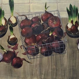 Kseniya Berestova: 'onions and tulips', 2016 Oil Painting, Still Life. Artist Description: Bow tulips still life food kitchen...