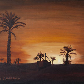 Claudia Luethi Alias Abdelghafar: 'Oasis while sunset', 2003 Oil Painting, Landscape. Artist Description: Wonderful oilpainting on canvas from an oasis while sunset.  You see simple clear lines but also I kind of richness in this painting The size of the painting is without frame 30 x 40 x 2 cm and with frame 33 x 43 x 3 cm, the painting ...