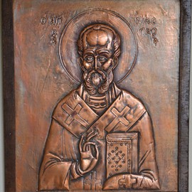 Charalambos  Lambrou: 'Saint Nicholas ', 2004 Other Sculpture, Religious. Artist Description:  A Vintage handmade artwork of copper presented Saint Nicholas. Technique Repousse in copper sheet. Dimensions 38* 44 centimeters included wood frame. Saint Nicholas was a historic 4th- century Christian saint and Greek, Bishop of Myra, in Asia Minor ( modern- day Demre, Turkey) . He dedicated his life to serving ...