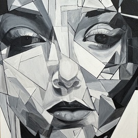 Larisa Robins: 'facial geometry 1', 2023 Acrylic Painting, Portrait. Artist Description: Like the scars that bear her soul, the emotions she controlsas the actors in an endless game of chance.Like the fragments in a mirror, while the tears of fate that steer herAs the shards of light perform their hapless dance.  The Geometry of facial recognition ...