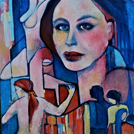 Luise Andersen: 'PAINTING NO I In Continuance  FEB 23 2014', 2014 Oil Painting, Abstract. Artist Description:    . . February 23,2014- -  have been painting on this image today. . eyes. . face overall. . also shoulder in right . . figure in left ( abstract) also the one below. . atrted to outline stronger. . still in blue tones. . no black yet. . hmmm. . will work on center in lower area. . also in right upper ...