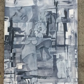 Luise Andersen: 'stage 14', 2017 Acrylic Painting, Abstract. Artist Description: Nov. 16,2017- picture of artwork in progress taken at 4p. m. in my backyard. I like the light , overcast somewhat, that shows the Payne s Gray hues real nice. . other times of day, hues often appear black, or charcoal . . which is deeper , beautiful too. .  still layer light ...
