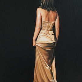 Laura Kearney: 'Lady in gold', 2016 Oil Painting, Figurative. Artist Description:  Beautiful original oil painting of a lady in a silk gold dress encompassed with blackness. ...