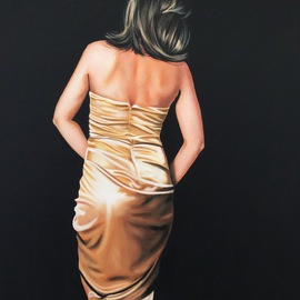 Laura Kearney: 'Lady in gold dress', 2016 Oil Painting, Figurative. Artist Description:    Beautiful original oil painting of a lady surround by blackness revealing the gold silk of her dress. ...