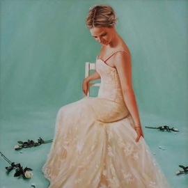 Laura Kearney: 'Lady in white lace', 2016 Oil Painting, Figurative. Artist Description:   Beautiful original oil painting of a lady in a white lace dress surrounded by scattered roses. ...