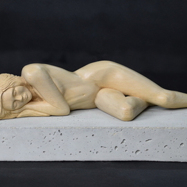 Lee Forester: 'sleeping', 2018 Wood Sculpture, Nudes. Artist Description: Based on a live model in my studio, I carved this timeless pose from a single block of English Lime- Wood. I find that the natural beauty of wood complements the soft curves of the feminine figure perfectly and the smooth finish invites the viewer to caress the ...