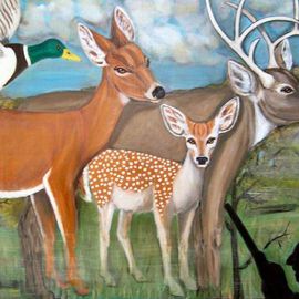 Rita Levinsohn: 'Killing Field', 2007 Acrylic Painting, Activism. Artist Description:  Painting depicts a peaceful family of deer wandering in a forest unaware of a hunter.  ...