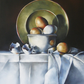 Daniele Lemieux: 'Simply Eggs', 2012 Oil Painting, Still Life. Artist Description: This engaging painting of eggs with a fine tablecloth is attractively framed in a 2- inch black wood floating frame, which will look great in any setting. ...