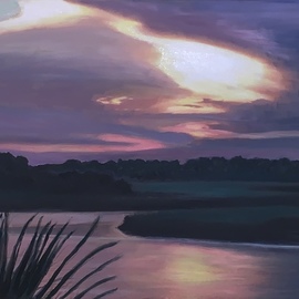 Patricia Leone: 'into the light', 2020 Oil Painting, Landscape. Artist Description: Sunrise on Wilmington River along the intercostal waterway in the fishing village of Thunderbolt, Georgia.  Original with white floater frame for sale. ...