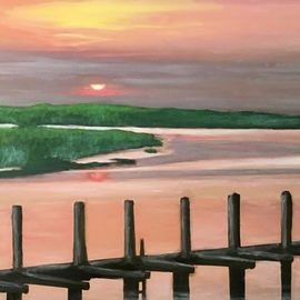 Patricia Leone: 'summer sunrise in thunderbolt', 2018 Oil Painting, Landscape. Artist Description: Sunrise on Wilmington River along the intercostal waterway in the fishing village of Thunderbolt, Georgia...