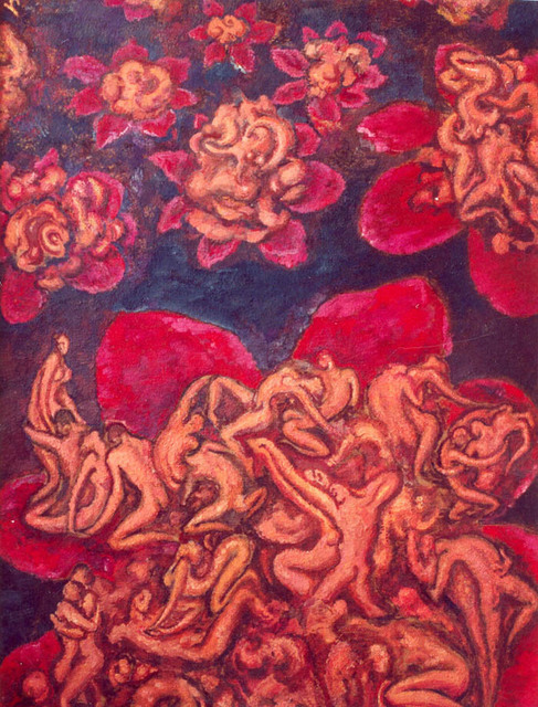 Lia Chechelashvili  'Red Flowers', created in 1994, Original Painting Oil.