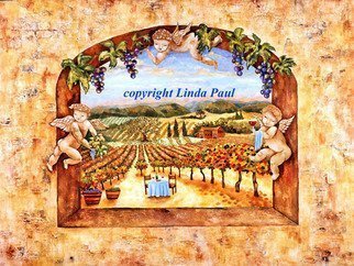 Linda Paul: 'Angels in The Vines', 2009 Tempera Painting, Landscape.  Original sculpted bas relief & egg tempera angels and wine country landscape painting by Linda Paul ...