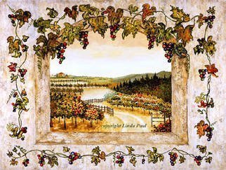 Linda Paul: 'Grapes n Vines  Vineyard painting by Linda Paul', 2009 Tempera Painting, Landscape.  A new painting of grapevines and vineyard by Linda Paul.   Framed Size 45