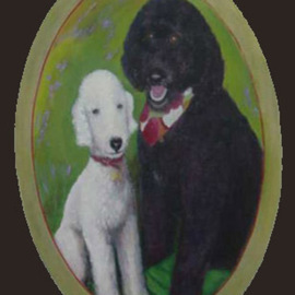 Lorrie Williamson: 'Robertas Pups', 2004 Acrylic Painting, Portrait. Artist Description:   Pet Portrait. Bedlington Terrier and a Portuguese Water Dog painted on an oval canvas with painted antique gold border.  Painted from Photos.  Request price for a Pet Portrait from your photos....