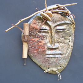 Louise Parenteau: 'OKO', 2014 Ceramic Sculpture, Mask. Artist Description:  Ceramic, wood, leather, found objects. ...