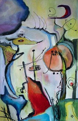 Ludmilla Wingelmaier: 'figurative composition 125', 2022 Oil Painting, Abstract Figurative. Figurative composition 125 with abstract forms was created intuitively. One painting shows magical figures and painted emotions, influenced by the works of Joan Miro and Wassily Kandinsky. The painting can be hung up. For shipping, the painting is carefully packed in a cardboard box, the certificate of authenticity is included. ...