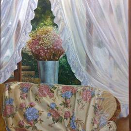 Luiz Henrique Azevedo: 'Itaipava', 2006 Oil Painting, Interior. Artist Description: The pleasure of life in a special season of a special year.  A visit to Itaipava house and the beauty of the flowers in the window and in the quilt while the afternoon pass. ...