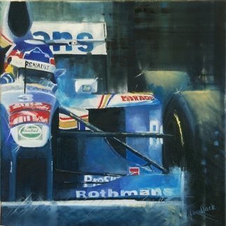 Tom Lund-lack: 'High Point', 2009 Oil Painting, Automotive.  Whilst a generic painting of the drama of F1 racing, this small box canvas nevertheless represents Jacques Villenueve at the wheel of the Renault when he won the F1 title in 1997. ...