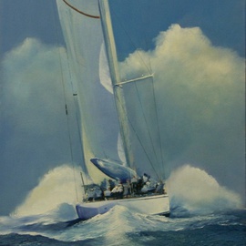 Tom Lund-lack: 'In Her Element', 2010 Oil Painting, Sailing. Artist Description:   This painting is based on a photograph that was taken in 2004. The sea and sky have been radically altered to reflect the power and displacement of water by a very large yacht travelling at speed. The shape of the bow wave and the shape of the clouds ...