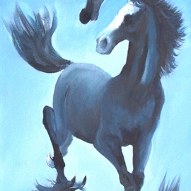 Tom Lund-lack: 'galloping horses in blue', 2017 Oil Painting, Equine. Artist Description: When I bought this 100 x 30 cm canvas I was asked what I was going to paint onto it. Horses in the Chinese style was the answer. My daughter in law who is Japanese provided the characters which just had to be there, but they are very ...