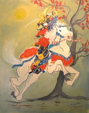Tom Lund-lack: 'the samurai commander', 2020 Other Painting, Equine. My interpretation of a Japanese samurai military commander called Minamoto no Yoshitsune.  The painting was inspired by a small gift from my son who lives in Japan. The artwork was printed from woodblock print by an unknown artist. ...