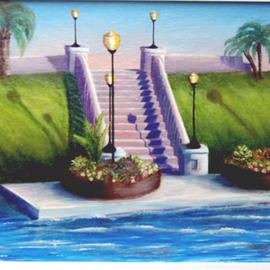 Lora Vannoord: 'Craig Park', 2011 Oil Painting, Landscape. Artist Description: Original oil painting of the steps and lamps to Craig Park in Tarpon Springs, Florida. This is where the Epiphany is held every January! It is an exciting time in Tarpon springs. framed...