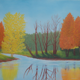 Lora Vannoord: 'Fall Colors', 2015 Oil Painting, Landscape. Artist Description: Original oil painting on canvas board. Trees with their fall colors and reflections in the stream. Inspired by a park scene in upstate New York. INCLUDES a 4 inch dark brown wooden frame....