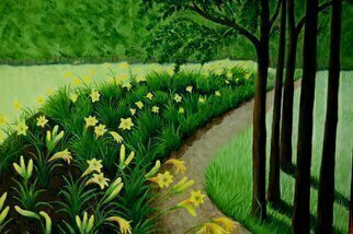 Lora Vannoord: 'Lily Garden', 2012 Oil Painting, Landscape. Original oil painting on canvas board of a yellow Lily garden.  I spotted this lovely landscape in upstate New York while visiting Elizabethtown.  The green sets off the yellow flowers making a large floral picture.  Framed...