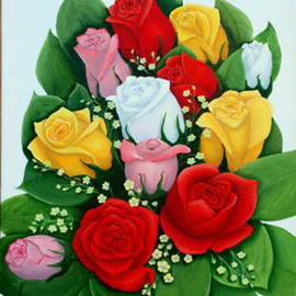 Lora Vannoord: 'Rose Bouquet', 2012 Oil Painting, Floral. Artist Description:  Original oil Painting of red, pink, yellow and white roses arranged in a bouquet painted on canvas board. ...
