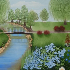 Lora Vannoord: 'blue flowers in the park', 2017 Oil Painting, Landscape. Artist Description: An original oil painting on canvas board of a park with a metal bridge and lovely blue flowers in the foreground and weeping willow trees in the background.  The original oil painting is now  for sale with a 1 12 inch gold frame...