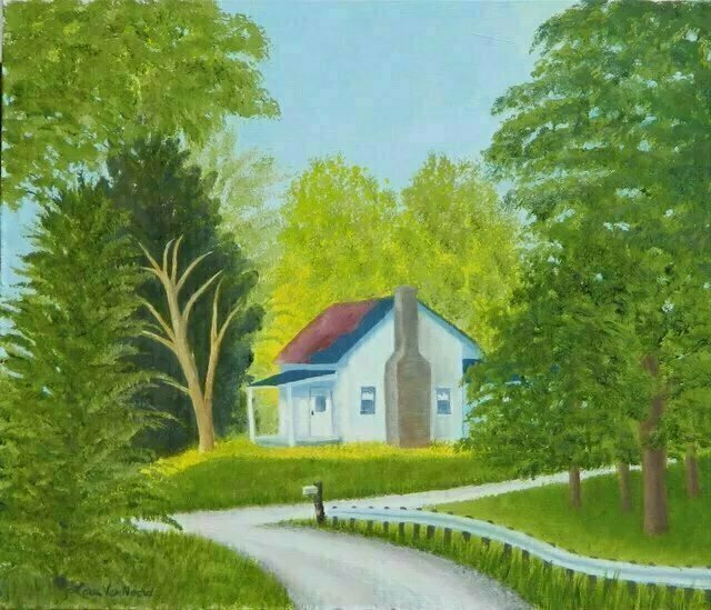 Lora Vannoord: 'country home', 2019 Oil Painting, Landscape. This is an original oil painting of a country scene in Michigan.  The early sun is just entering the lawn and the scene is still awaiting the day.  There is such a contrast between the light on the house and lawn with the trees on the sides that it was ...