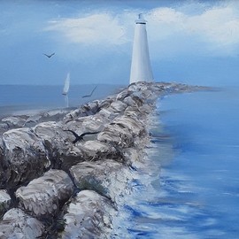 Lighthouse And Sailboat, Lora Vannoord